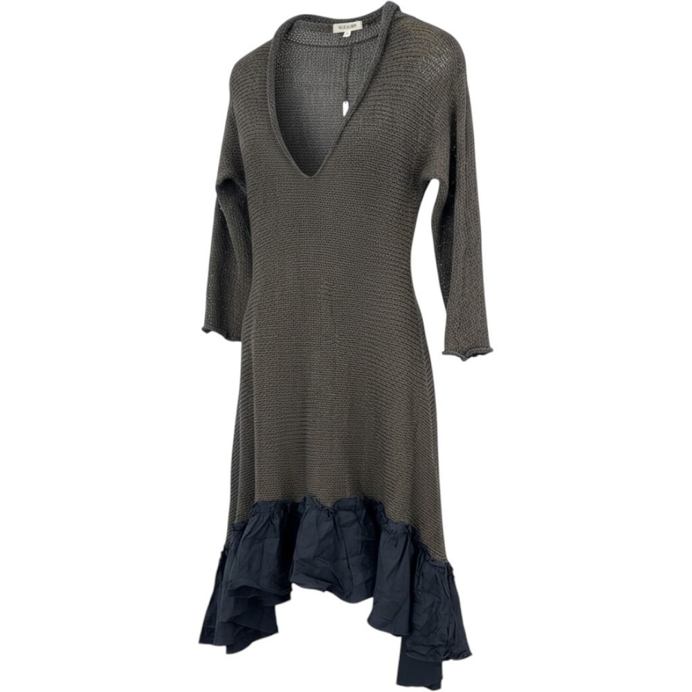 Skifo Sweater Dress Womens Open Knit Ruffle Hem V-Neck 3/4 Sleeve Mori Kei